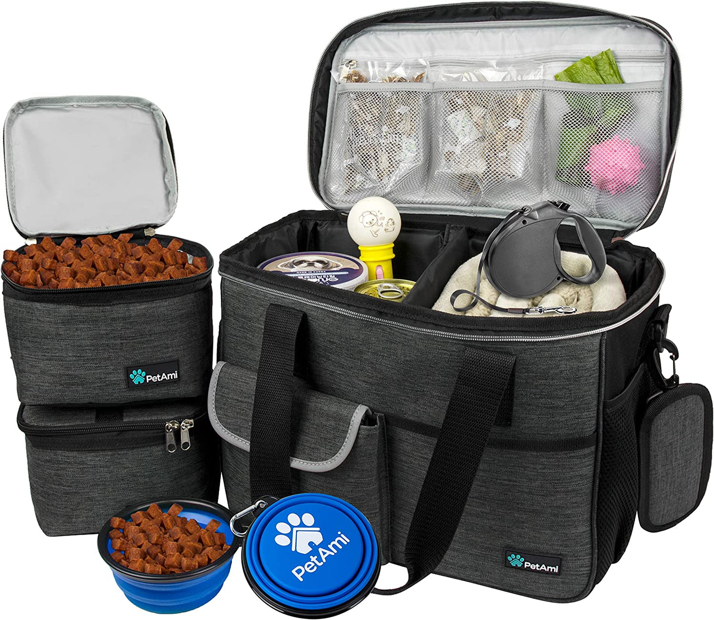 dog travel bag organizer, pet travel kit with 2 food containers & 2 collapsible dog bowls, pet supplies tote with luggage sleeve, weekend road trip camping essentials, dark gray, medium