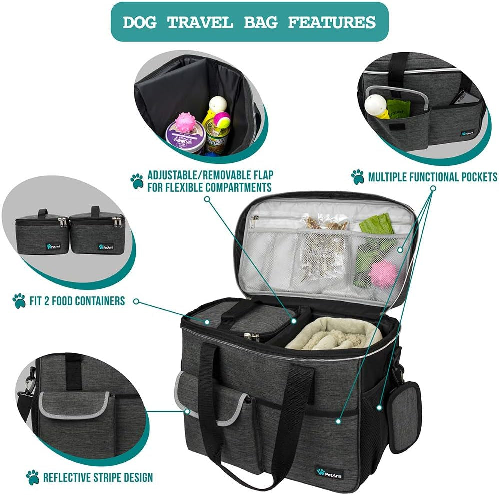 dog travel bag organizer, pet travel kit with 2 food containers & 2 collapsible dog bowls, pet supplies tote with luggage sleeve, weekend road trip camping essentials, dark gray, medium