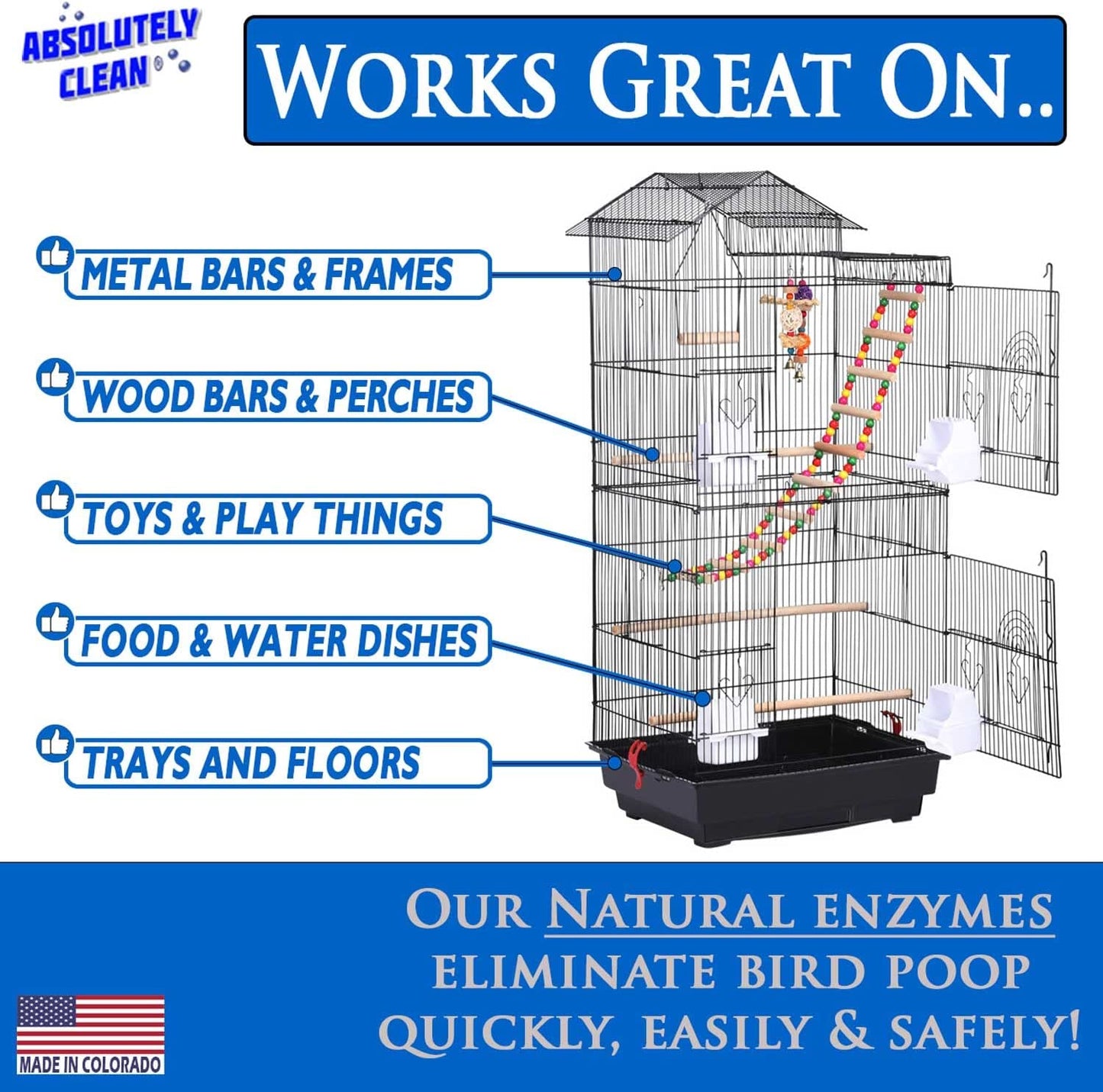 amazing bird cage cleaner and deodorizer - just spray/wipe - safely & easily removes bird messes quickly and easily - usa made - fragrance free (4x concentrate - 16oz makes 64oz)