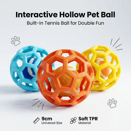 3 Pack Soft TPR Hollow Dog Toy Balls with Built-In Tennis Ball, Floating Interactive Fetch Chew Toy for Dental Cleaning, Suitable for Small Medium Large Dogs Indoor Outdoor Pool Play Indoor Training Ball