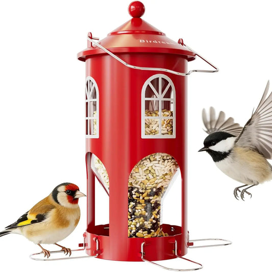 Birdream Metal Bird Feeder for Outdoors Hanging, Small Lighthouse Bird Feeder with Clear Seed Tube, Folding Stainless Steel Perches, for Small Wild Birds Finches Chickadees, Red