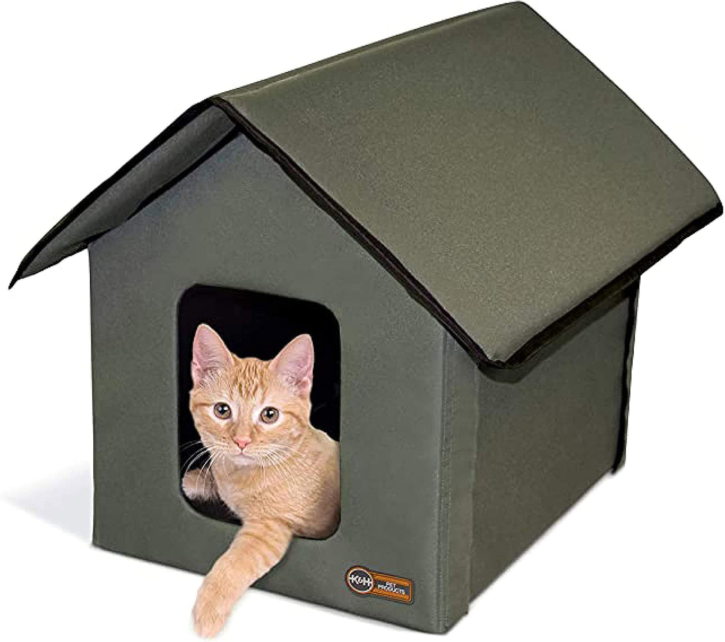 outdoor cat house for outside pets, weatherproof outdoor cat house for ferals, insulated kitty shelter, 2 doors, waterproof removable floor pad, unheated - olive/olive
