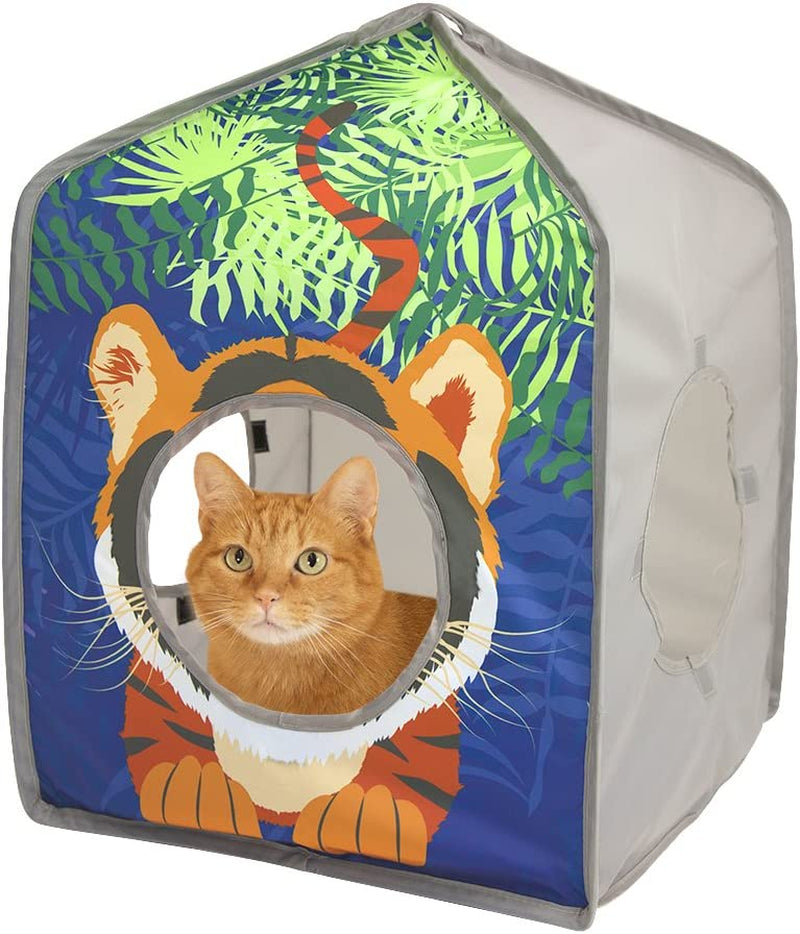 safari jungle tiger pop-up cat house, collapsible indoor cat hideout with peekaboo openings, lightweight foldable cat playhouse