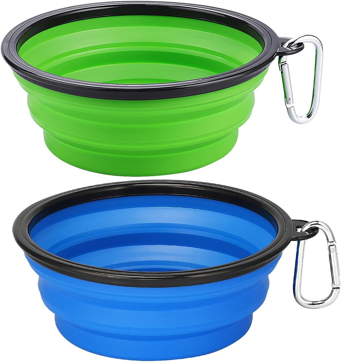 large collapsible dog bowls 2 pack, 34oz foldable dog travel bowl, portable pet water food bowl with clasp, pet cat feeding cup dish for traveling, walking, hiking (blue+green)