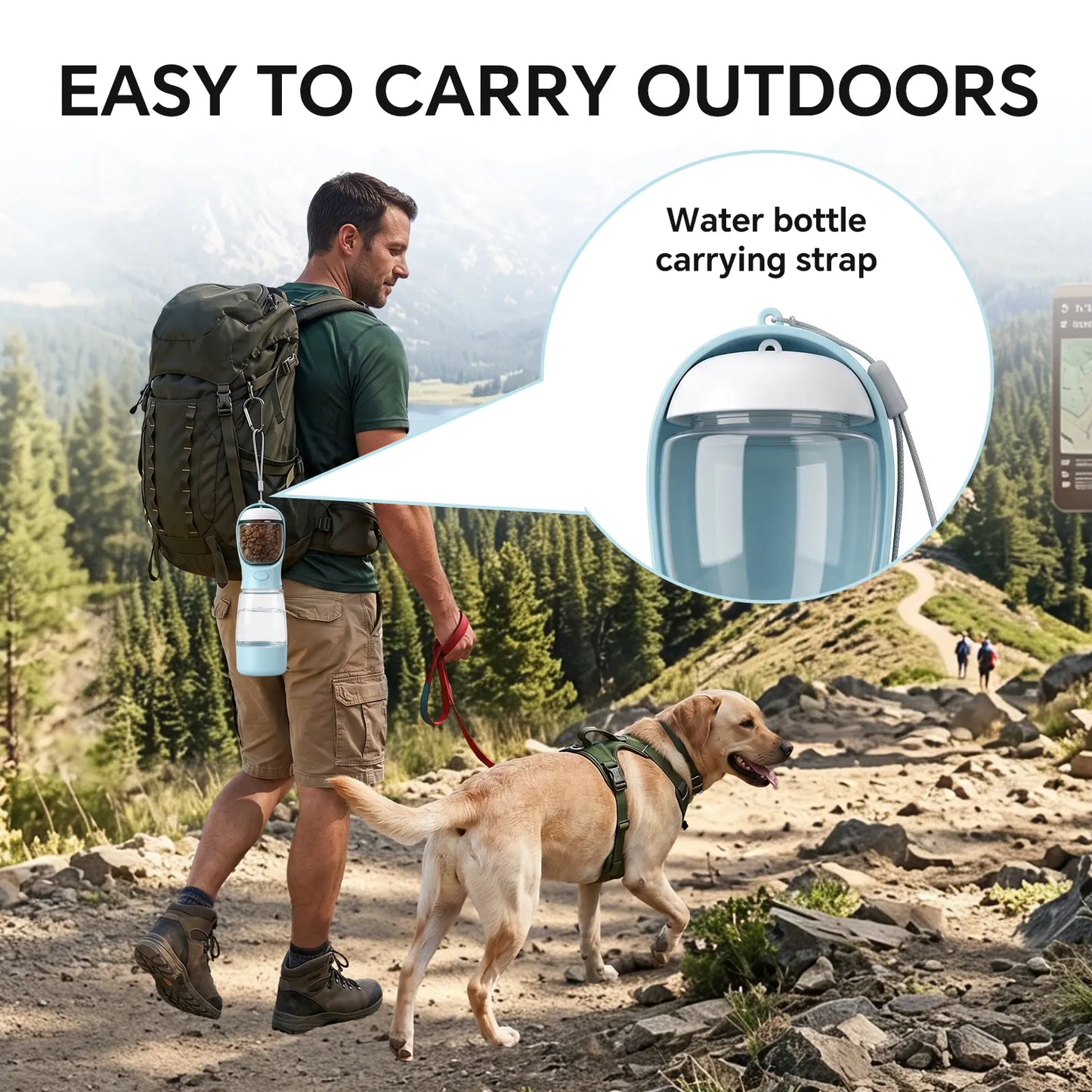 portable 3-in-1 dog water bottle, with 2 rolls waste bags (30 pcs total), food container & built-in poop bag dispenser (29cm x 7.5cm/11.42in x 2.95in) - leak-proof travel dog cup for walking, hiking, with 2 rolls waste bags (30 pcs total)