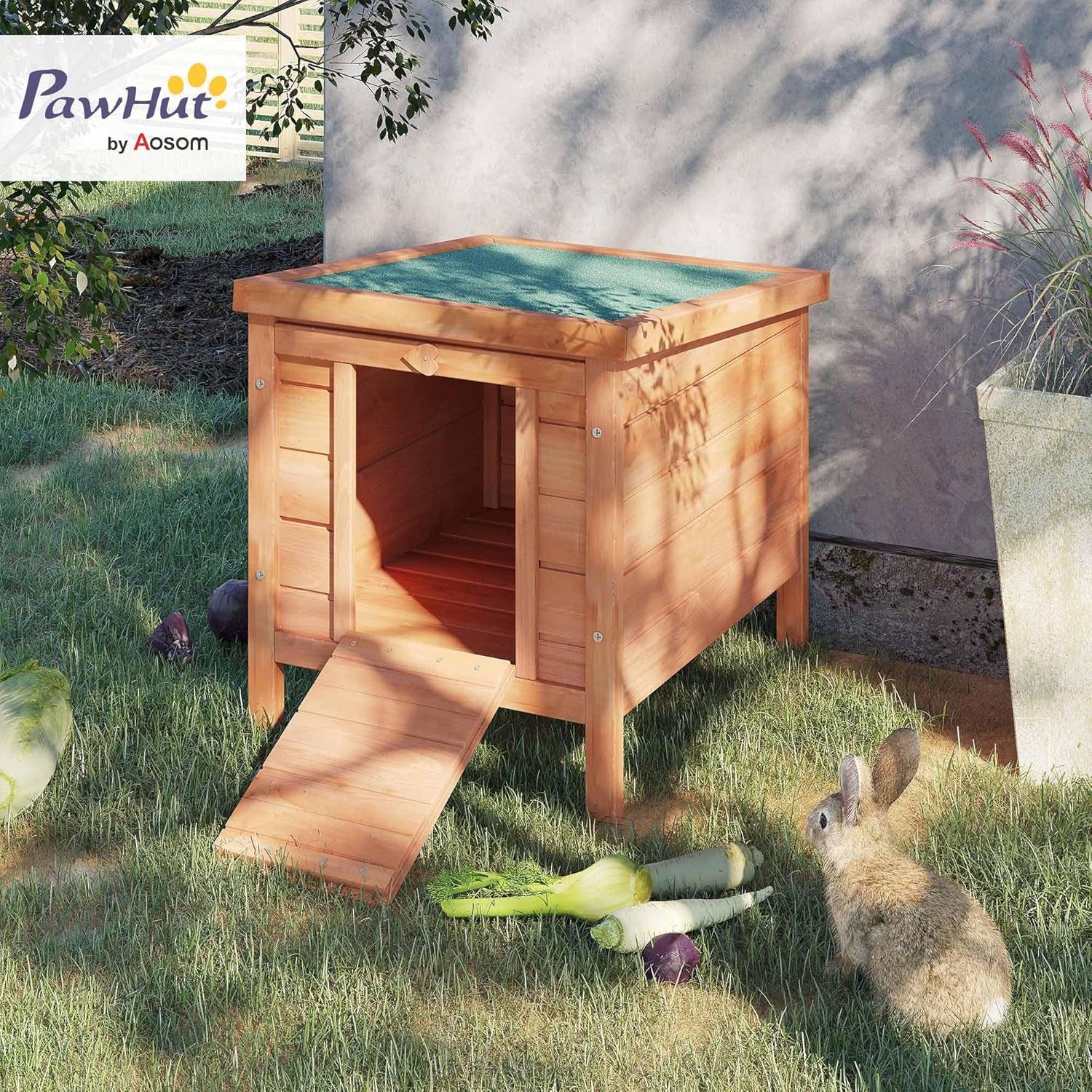 Small Wooden Rabbit Hutch Bunny Cage Guinea Pig Cage Duck House Dog House with Openable & Waterproof Roof, Natural