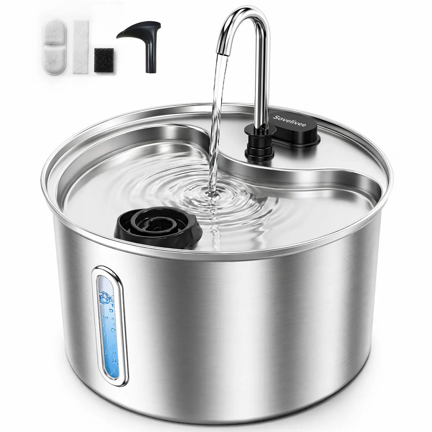 sovelivee 3.5l 304 stainless steel cat water fountain for cats & small dogs, dual flow pet water dispenser with water level window & low-water alert& dry-run protection