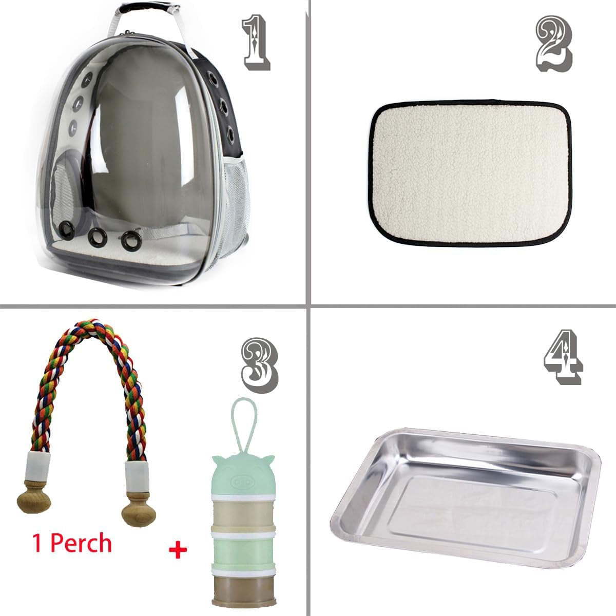 bird traval carrier cage, clear space capsule astronaut backpack to carry parakeet cockatiel parrot with metal tray bird feeder wood perch, vet transport bag