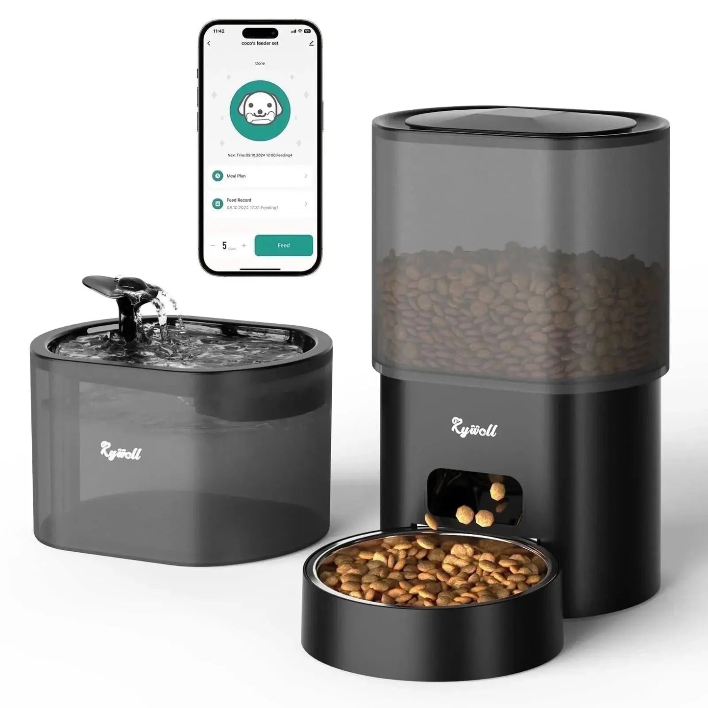 automatic cat feeder with water dispenser, 2-in-1 feeding set with feeding schedule & voice recorder, dual power supply, auto cat food dispenser for cat