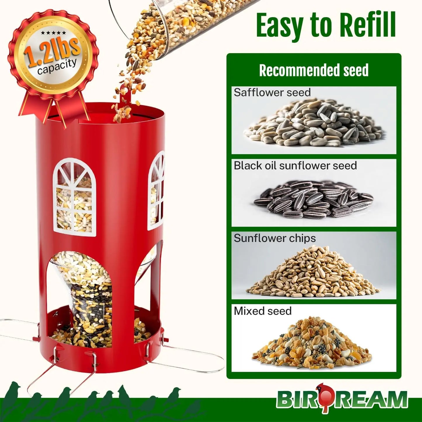 birdream metal bird feeder for outdoors hanging, small lighthouse bird feeder with clear seed tube, folding stainless steel perches, for small wild birds finches chickadees, red