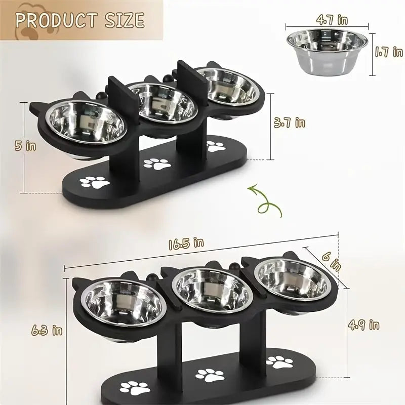 3 bowl elevated cat feeder with food water & treat bowls, 15° tilted raised cat bowl stand with detachable stainless steel bowls, anti-slip base, ergonomic design reduces neck strain, easy clean stable pet feeding station