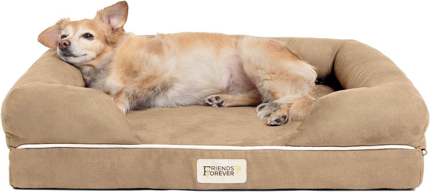 small dog bed, orthopedic sofa memory foam mattress, calming couch, wall rim pillow, water resistant liner, washable cover, non-slip bottom, chester, small khaki beige