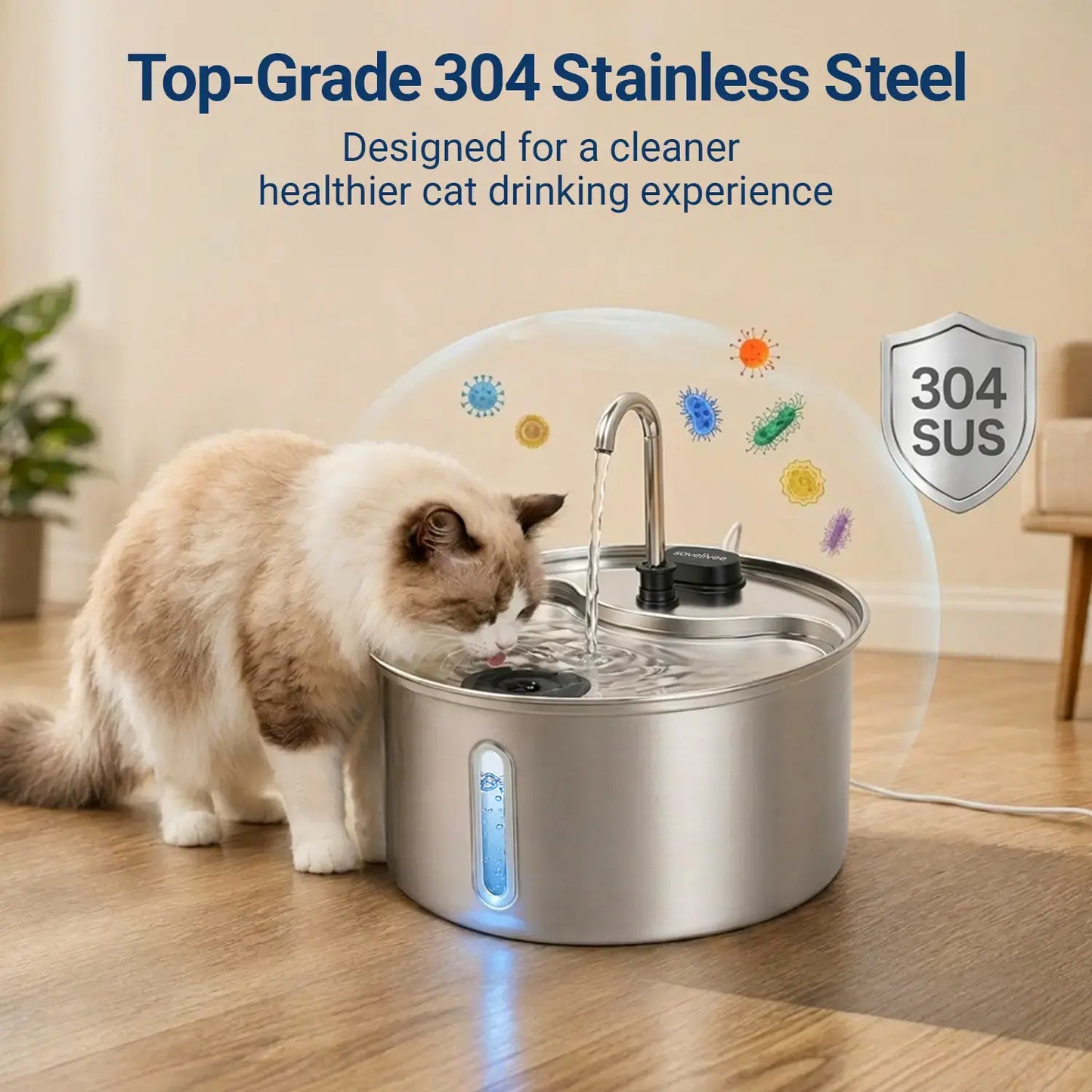 sovelivee 3.5l 304 stainless steel cat water fountain for cats & small dogs, dual flow pet water dispenser with water level window & low-water alert& dry-run protection