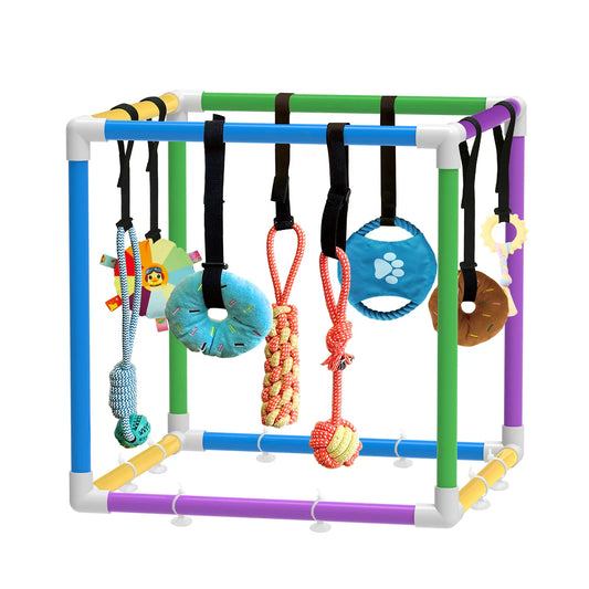 Indoor Puppy Play Gym - Pet Agility Training Gear & Boredom Enrichment Aid with Snuffle Mat, 8 Hanging Toys, PVC Frame, Stretchy Velcro Rope for Bite-Resistant Small Dogs (No Yd Needed)