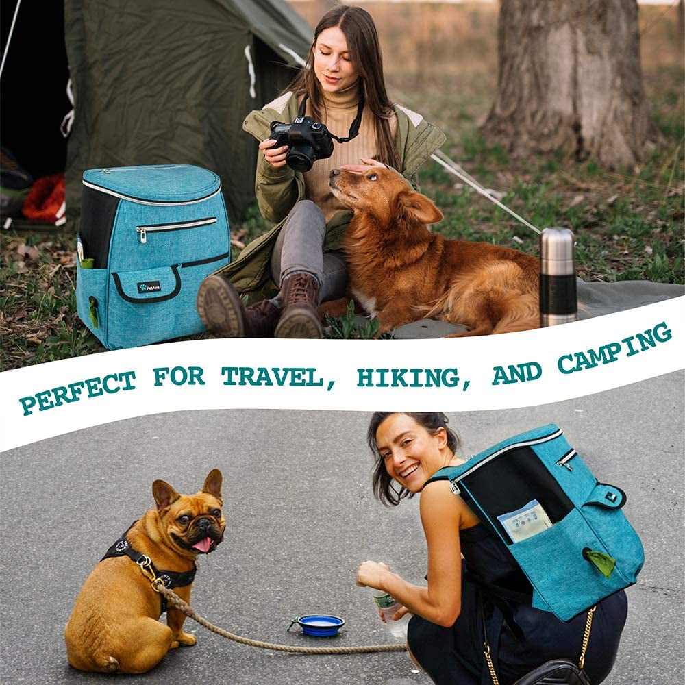 dog travel bag backpack, 27l airline approved pet supplies organizer with 2 food containers, 2 collapsible bowls & poop bag dispenser, weekend road trip camping dog mom gift, teal blue