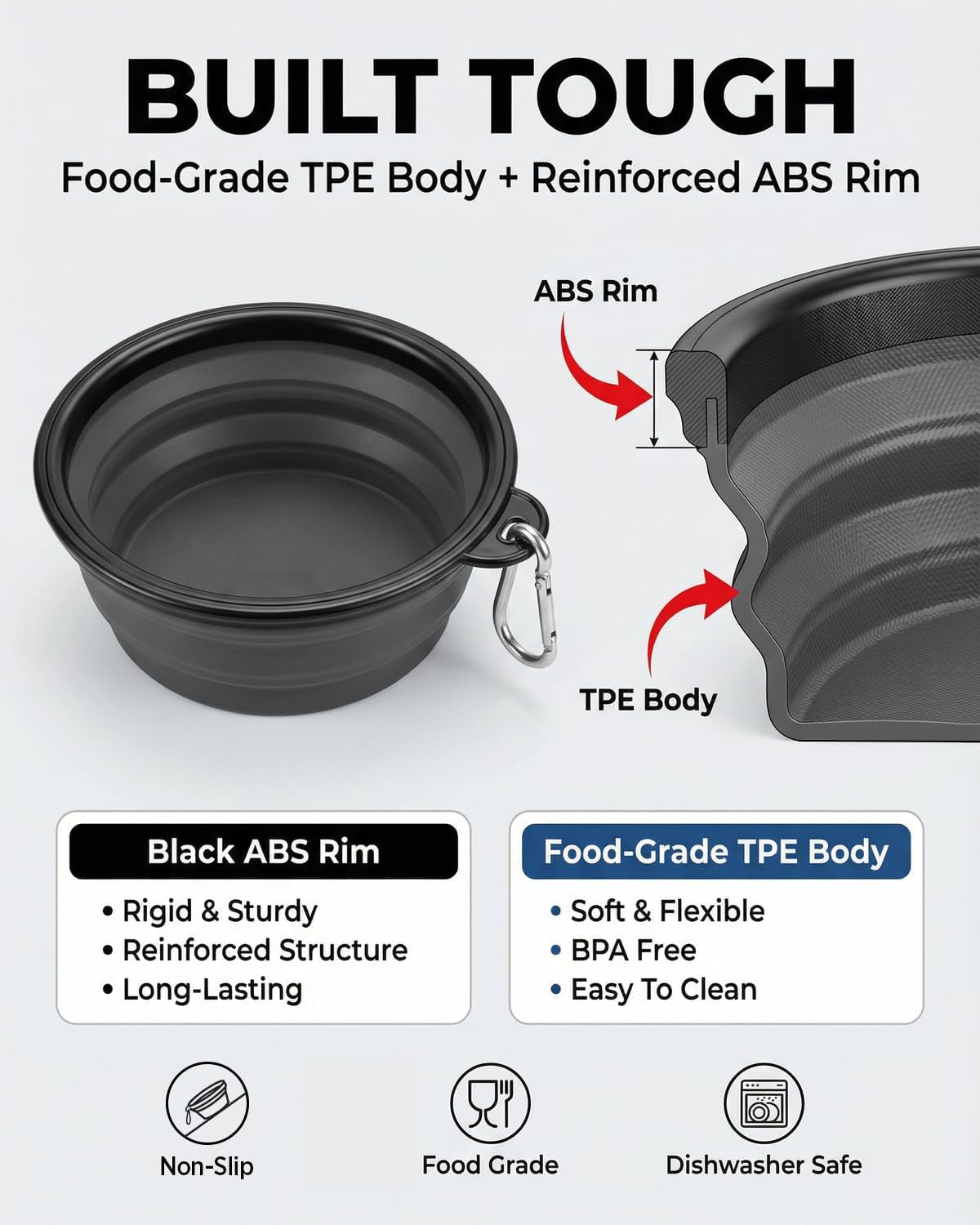 collapsible dog bowls for travel, 2-pack dog portable water bowl for dogs cats pet foldable feeding watering dish for traveling camping with carabiners, bpa free (black+grey, medium)