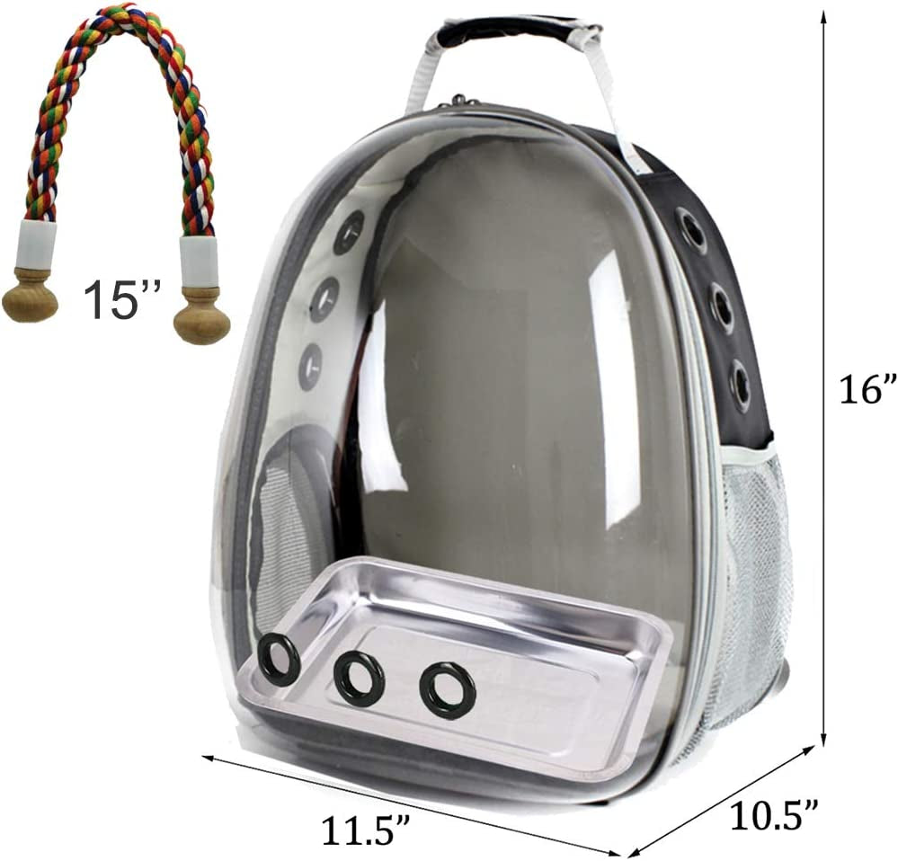 bird traval carrier cage, clear space capsule astronaut backpack to carry parakeet cockatiel parrot with metal tray bird feeder wood perch, vet transport bag