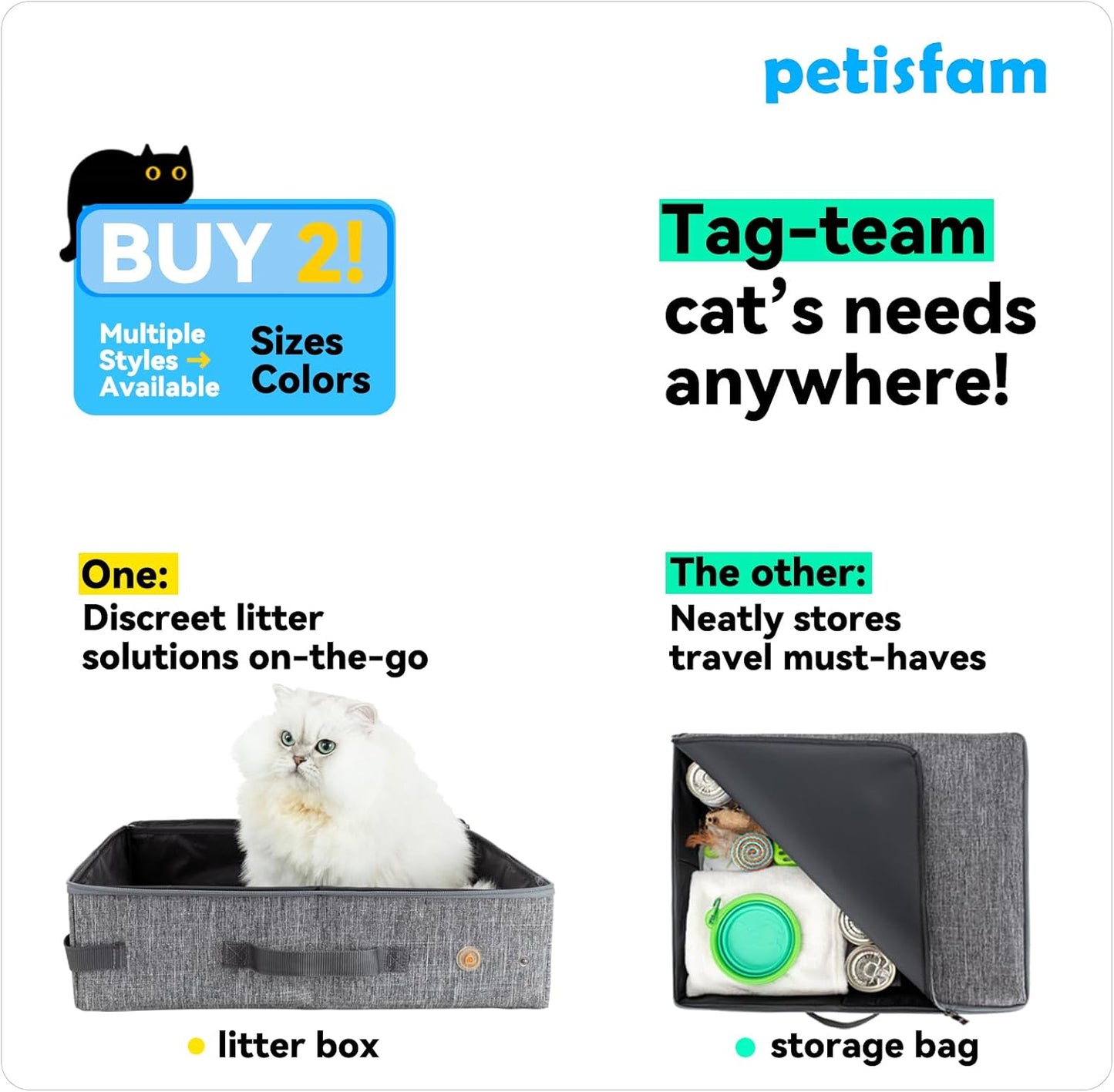 portable cat travel litter box with zipped lid | keep everything contained, no-messes, lightweight, for car, air travel and hotel stay