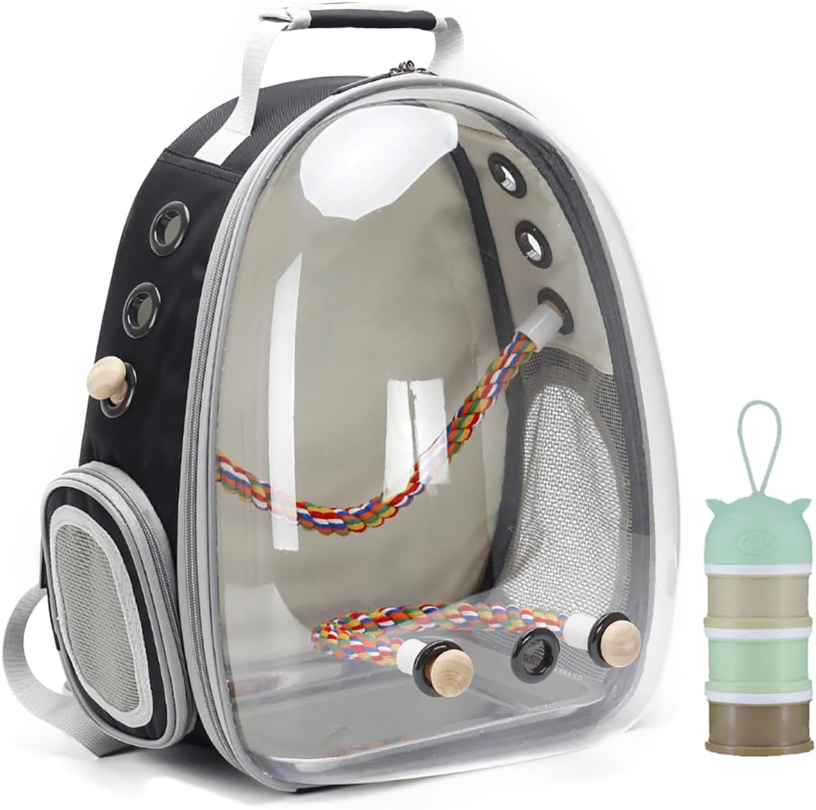 bird traval carrier cage, clear space capsule astronaut backpack to carry parakeet cockatiel parrot with metal tray bird feeder wood perch, vet transport bag