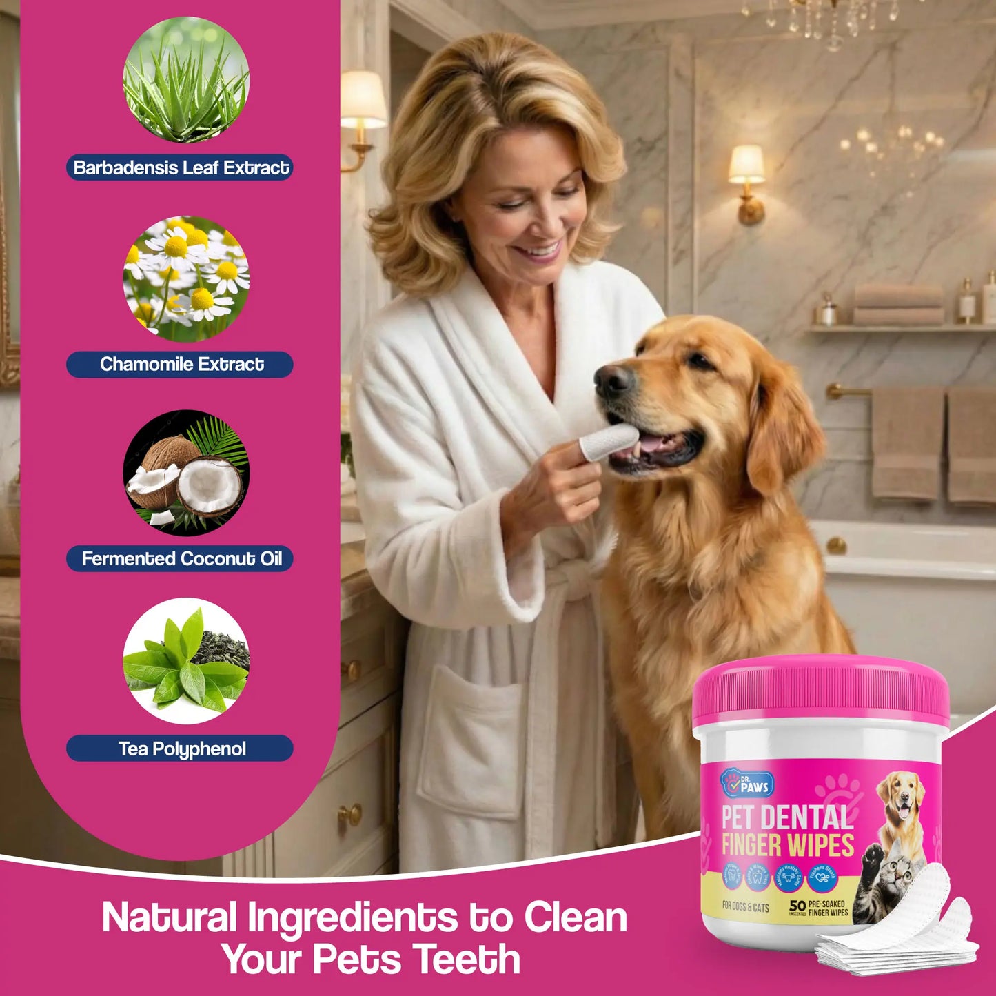 dr. paws: pet care finger wipes for dogs & cats – dental cleaning, ear cleaner & eye care wipes | removes plaque, bad breath, tear stains & ear wax | hypoallergenic no-rinse grooming wipes