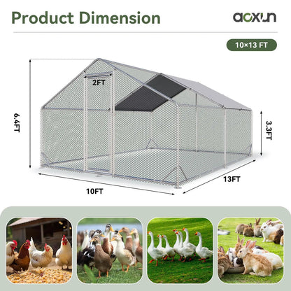 Chicken Coop Metal Large Cover Wire，Spire Peak Roof Security Lock Waterproof Outdoor Poultry Enclosure for Yard & Farm Metal Poultry Coop Chicken Cage Enclosed Enclosed Poultry Hutch