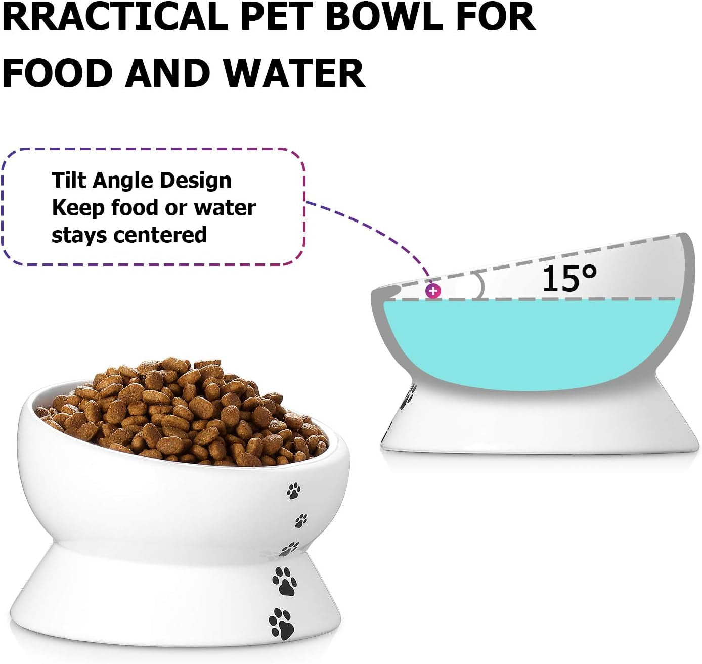 elevated cat food bowl, raised food and water bowl for cat and small dog, tilted ceramic water bowls no spill,15oz, dishwasher safe