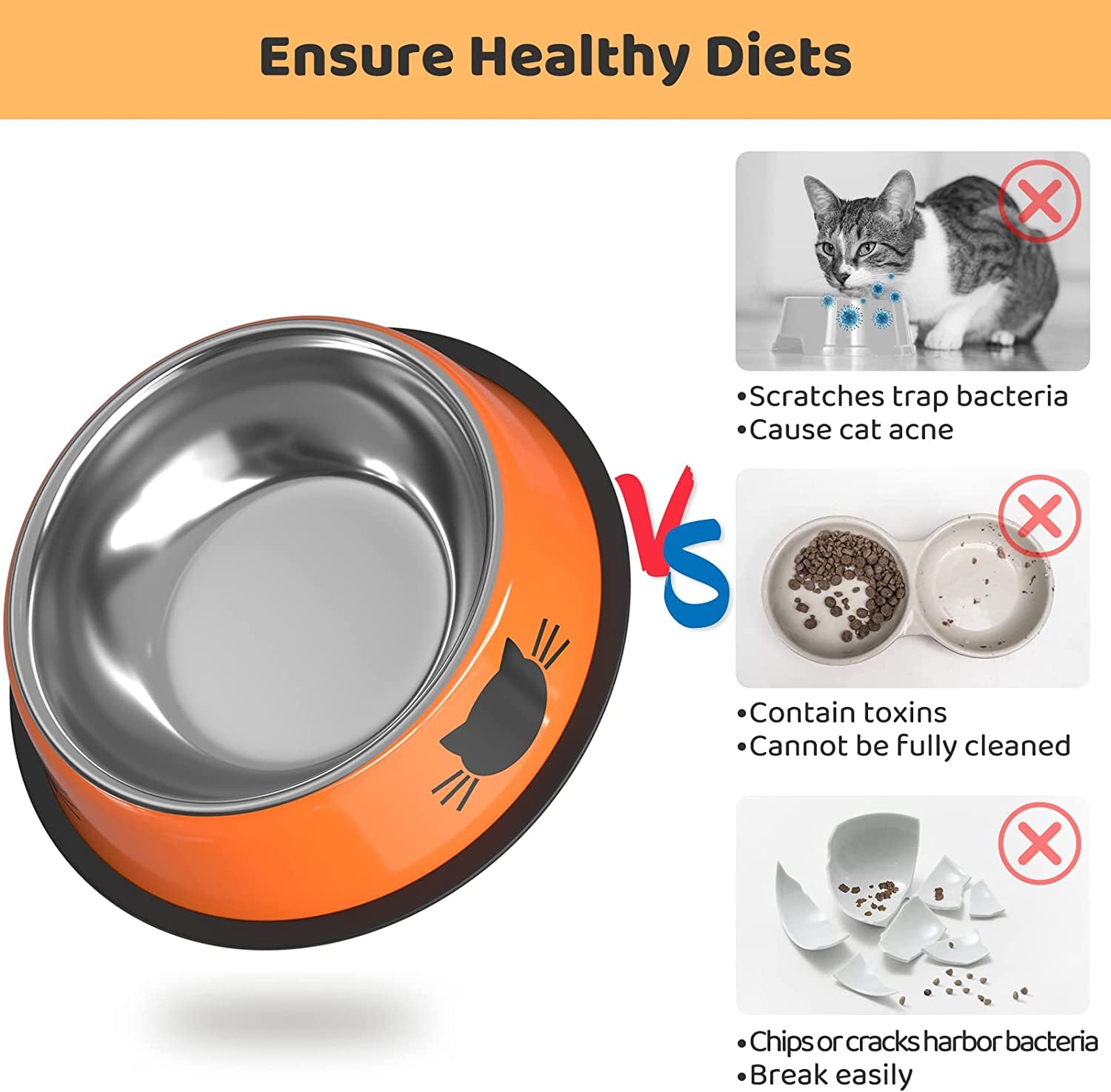 3PCS Pet Bowl Stainless Steel Non-Skid Base Dog Bowl Cat Bowl with 2 Food Scoop (Multicolor)