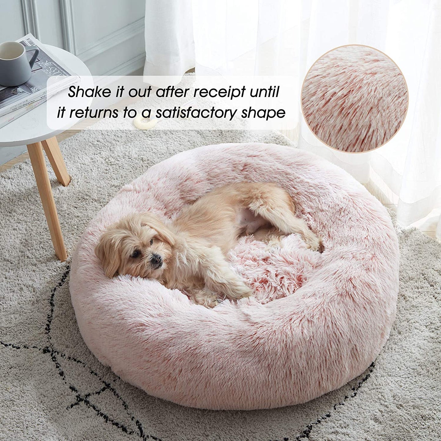 western home calming donut cat bed small dog bed washable,20" pink | fluffy faux fur round cuddler,anti-anxiety,anti-slip bottom,self-warming pet bed for small dog&kitten&puppy,up to 12 lbs