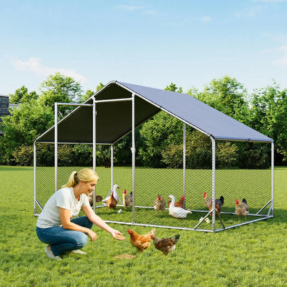 Chicken Coop Metal Large Cover Wire，Spire Peak Roof Security Lock Waterproof Outdoor Poultry Enclosure for Yard & Farm Metal Poultry Coop Chicken Cage Enclosed Enclosed Poultry Hutch