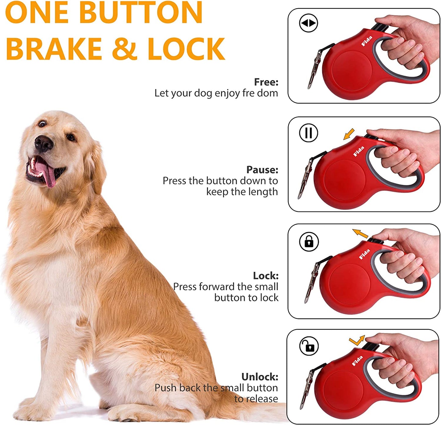 retractable dog leash with dispenser and poop bags, 16 ft pet walking leash for medium dog or cat up to 44 lbs, anti-slip handle, tangle free, reflective nylon tape (m, red)