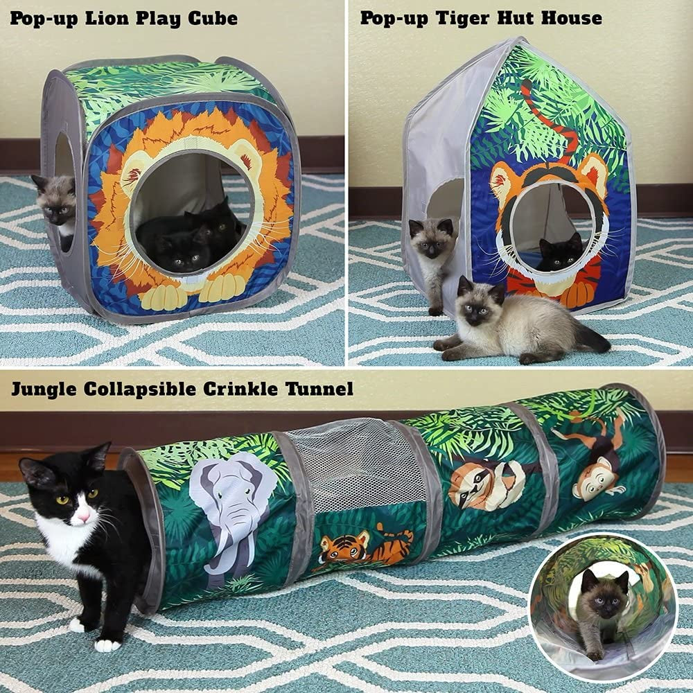 safari jungle cat play set, collapsible pop-up cat toys combo with cube, tunnel & hideout, interactive indoor kitty playhouse for exercise, hiding & lounging