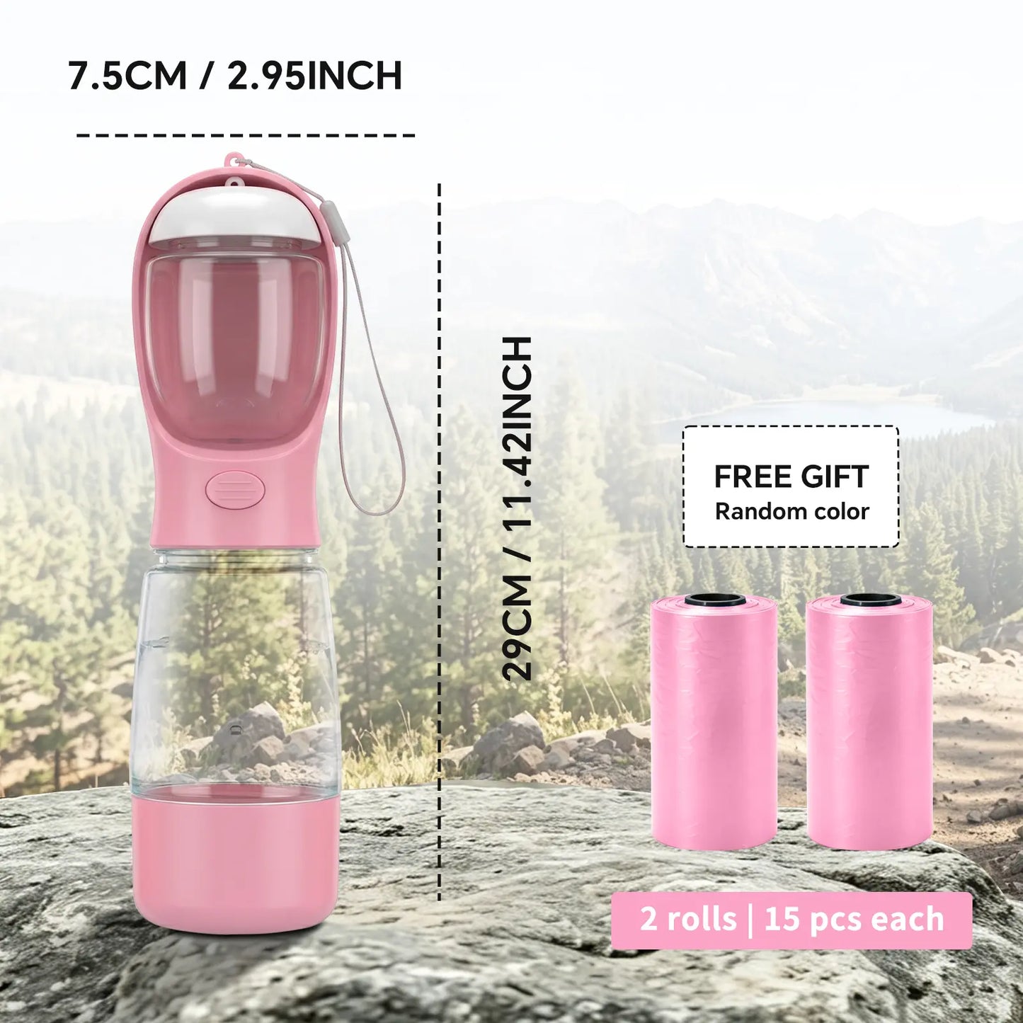 portable 3-in-1 dog water bottle, with 2 rolls waste bags (30 pcs total), food container & built-in poop bag dispenser (29cm x 7.5cm/11.42in x 2.95in) - leak-proof travel dog cup for walking, hiking, with 2 rolls waste bags (30 pcs total)