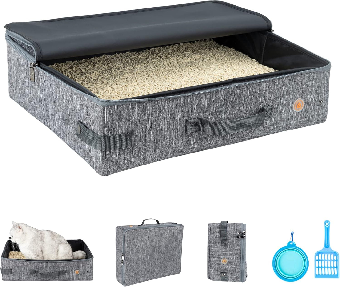 portable cat travel litter box with zipped lid | keep everything contained, no-messes, lightweight, for car, air travel and hotel stay