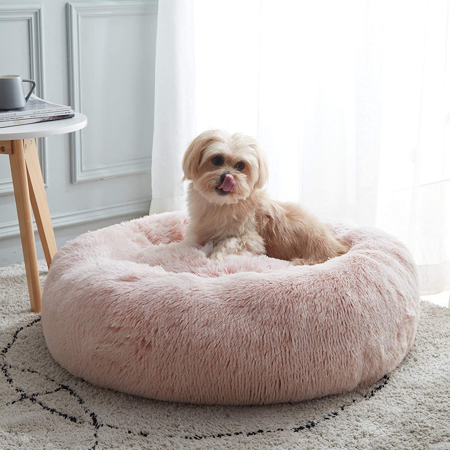 western home calming donut cat bed small dog bed washable,20" pink | fluffy faux fur round cuddler,anti-anxiety,anti-slip bottom,self-warming pet bed for small dog&kitten&puppy,up to 12 lbs