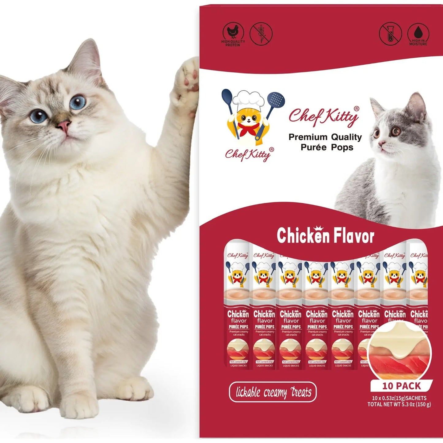 cat treats lickable | grain-free cat food toppers, high protein | creamy puree squeeze ups with vitamin e & taurine, digestible formula | 0.5 oz. each tube | 10 tubes