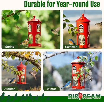Birdream Metal Bird Feeder for Outdoors Hanging, Small Lighthouse Bird Feeder with Clear Seed Tube, Folding Stainless Steel Perches, for Small Wild Birds Finches Chickadees, Red