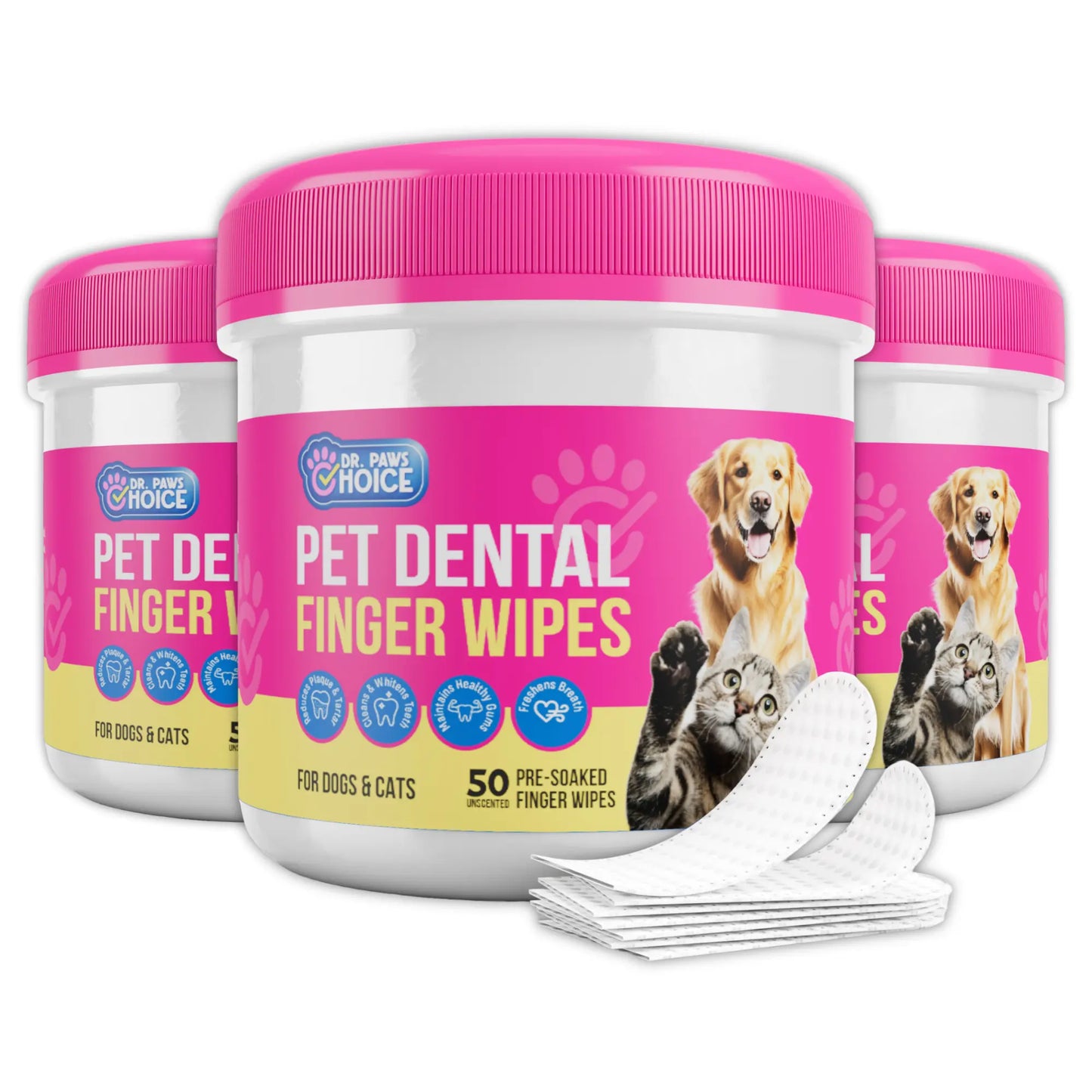 dr. paws: pet care finger wipes for dogs & cats – dental cleaning, ear cleaner & eye care wipes | removes plaque, bad breath, tear stains & ear wax | hypoallergenic no-rinse grooming wipes