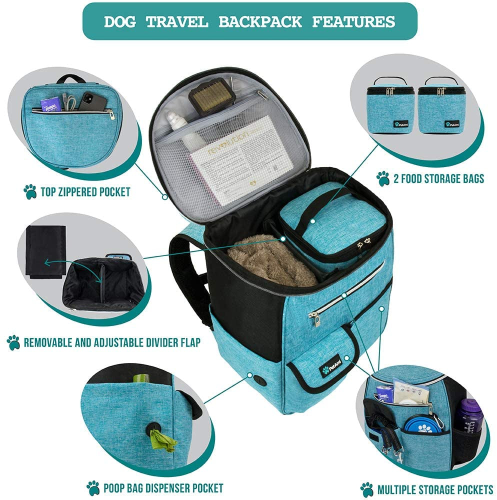 dog travel bag backpack, 27l airline approved pet supplies organizer with 2 food containers, 2 collapsible bowls & poop bag dispenser, weekend road trip camping dog mom gift, teal blue
