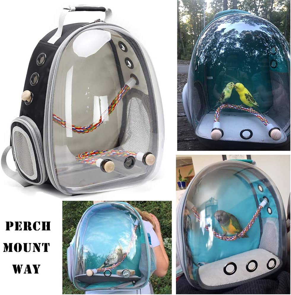 bird traval carrier cage, clear space capsule astronaut backpack to carry parakeet cockatiel parrot with metal tray bird feeder wood perch, vet transport bag