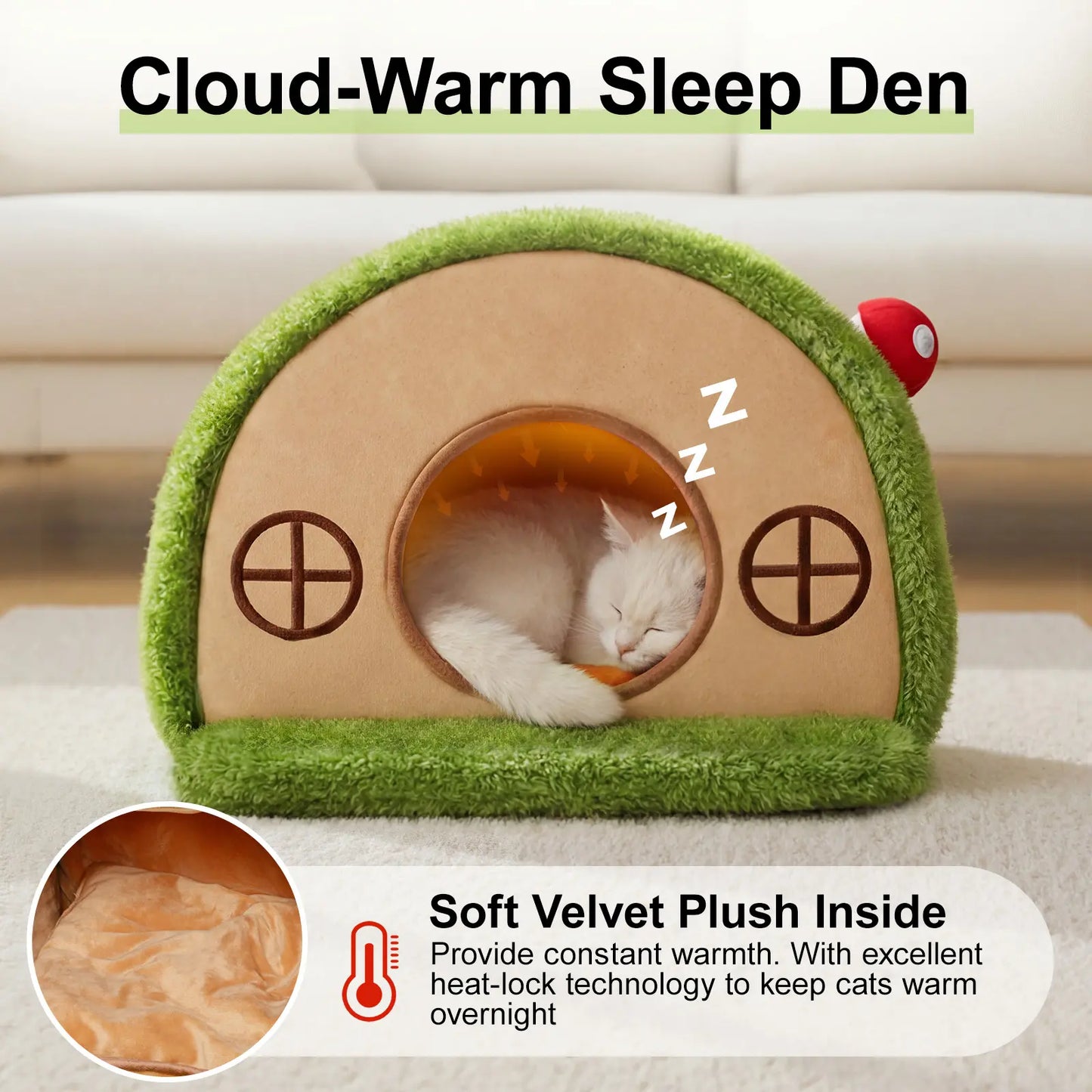 crystal velvet tree hole cat bed for indoor cats - enclosed whimsical hideaway nest tent, removable washable cushion, anti-slip bottom for kittens