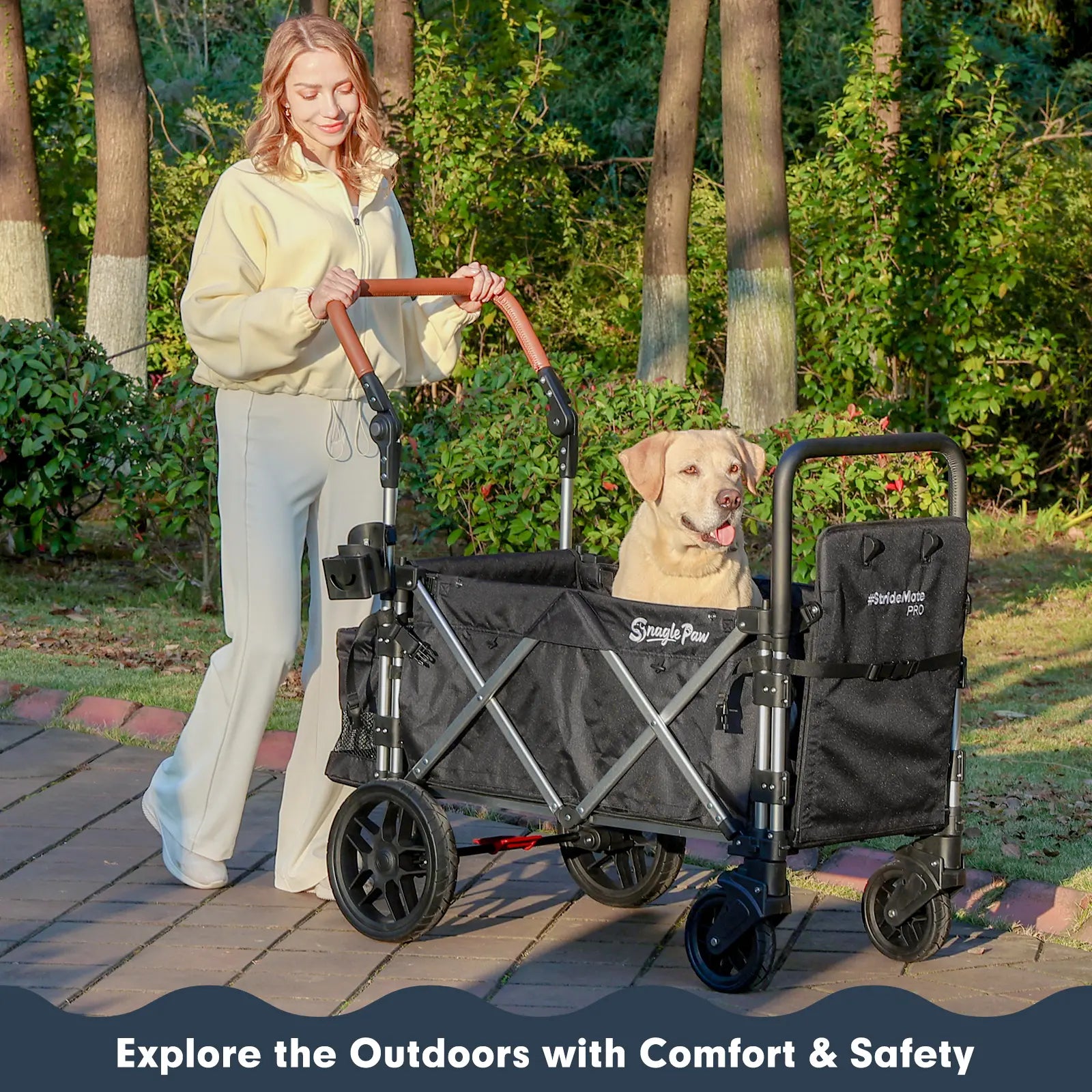 Snagle Paw Stridemate PRO Heavy-Duty Large Dog Stroller Wagon - Foldable, with Phone Holder, Safety Features, Storage Basket - for Senior, Injured & Disabled Pets, Fits 2 Dogs for Outdoor Adventures