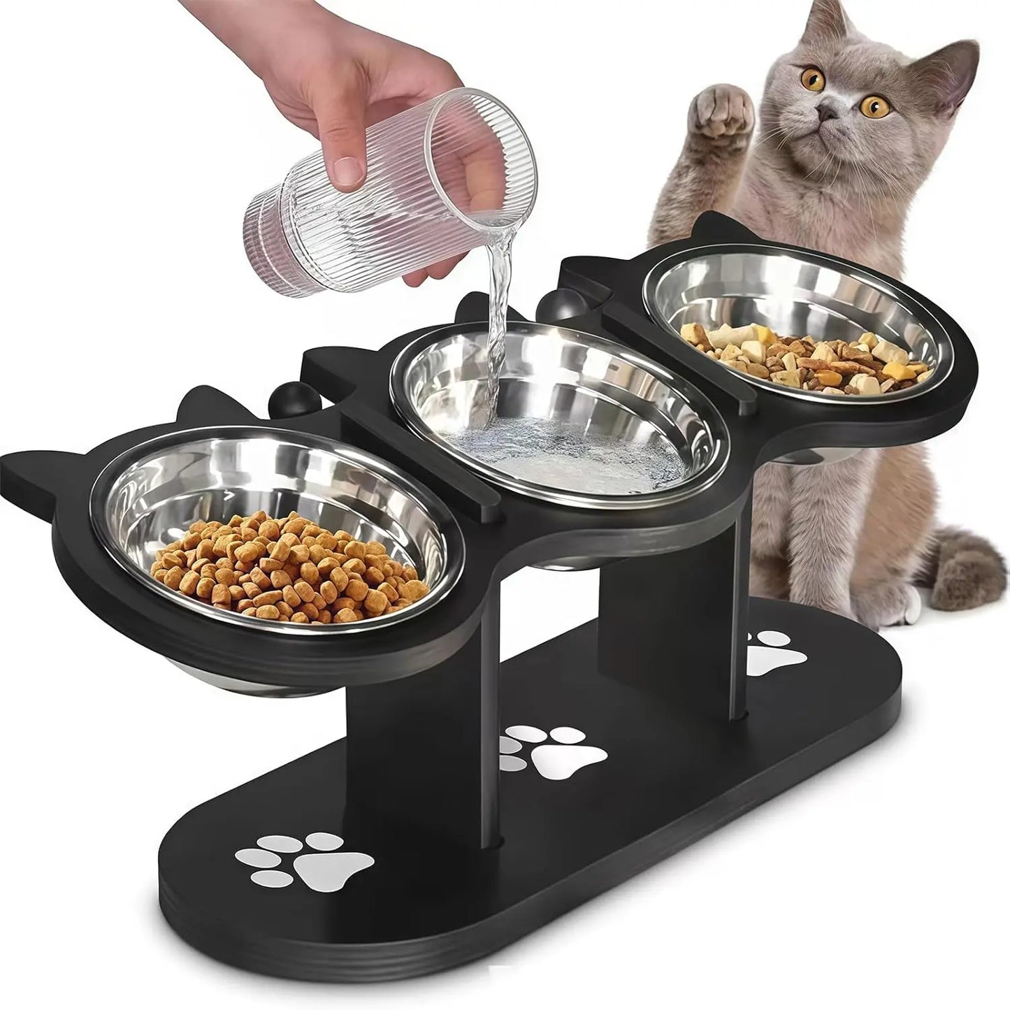 3 bowl elevated cat feeder with food water & treat bowls, 15° tilted raised cat bowl stand with detachable stainless steel bowls, anti-slip base, ergonomic design reduces neck strain, easy clean stable pet feeding station