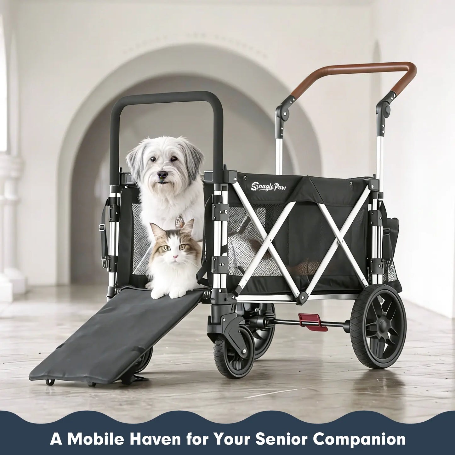 snagle paw stridemate pro heavy-duty large dog stroller wagon - foldable, with phone holder, safety features, storage basket - for senior, injured & disabled pets, fits 2 dogs for outdoor adventures