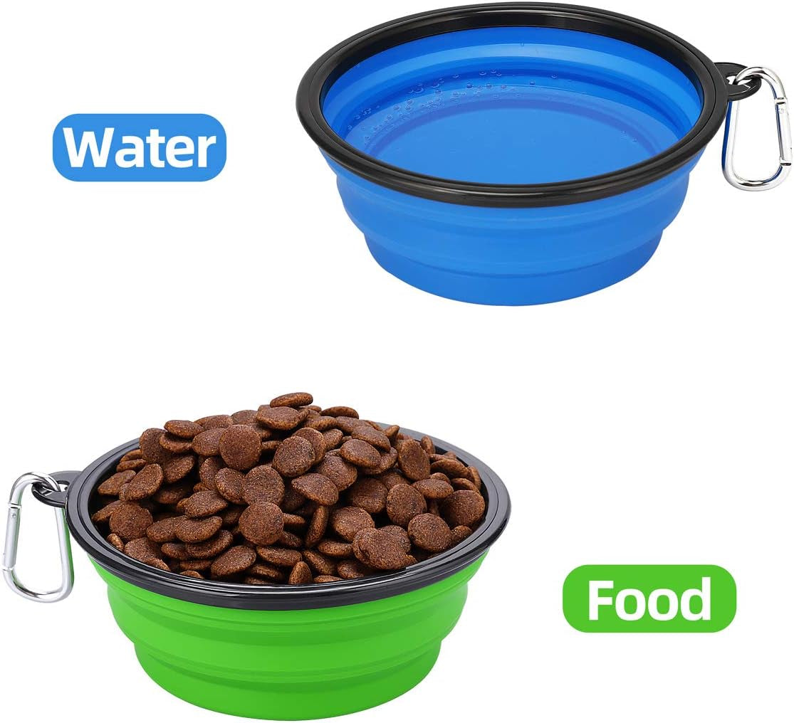 large collapsible dog bowls 2 pack, 34oz foldable dog travel bowl, portable pet water food bowl with clasp, pet cat feeding cup dish for traveling, walking, hiking (blue+green)