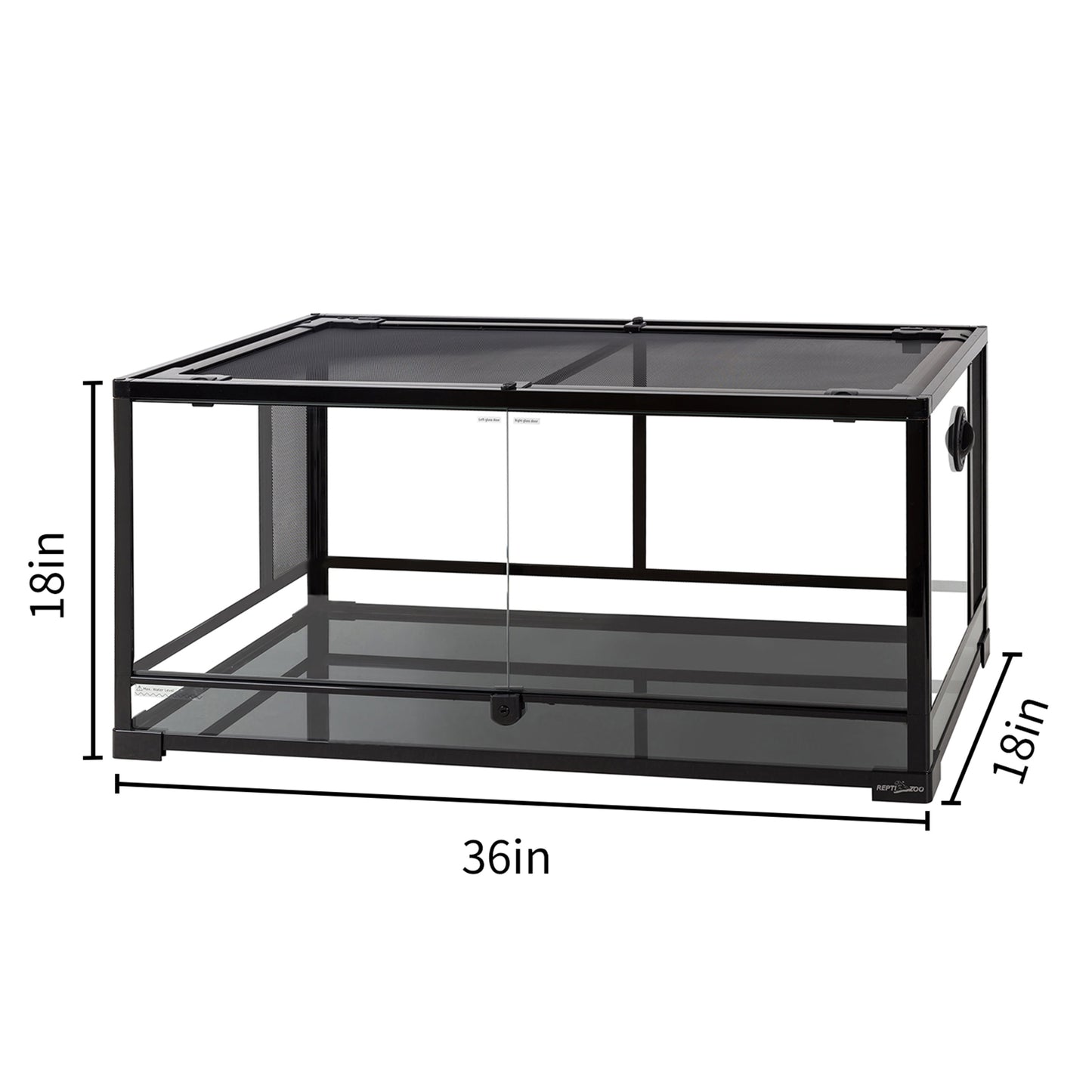 repti-zoo reptile glass terrarium, double hinge door with screen ventilation reptile 36" x 18" x 18", black