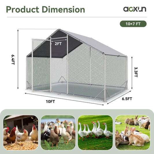 Chicken Coop Metal Large Cover Wire，Spire Peak Roof Security Lock Waterproof Outdoor Poultry Enclosure for Yard & Farm Metal Poultry Coop Chicken Cage Enclosed Enclosed Poultry Hutch