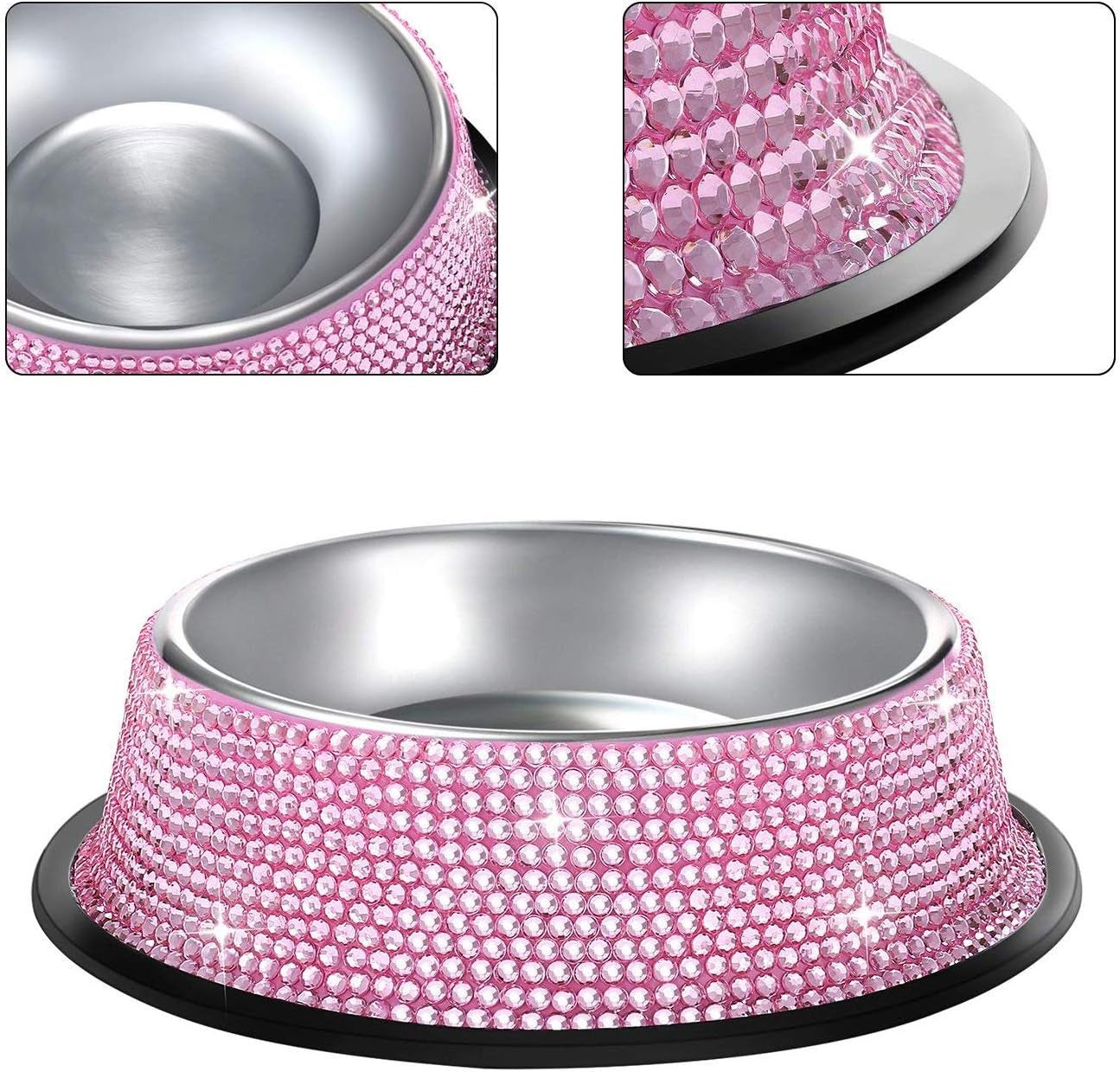 bling dog bowls pink, 640ml handmade bling rhinestones stainless steel pet bowls double food water feeder for puppy cats dogs - set of 2