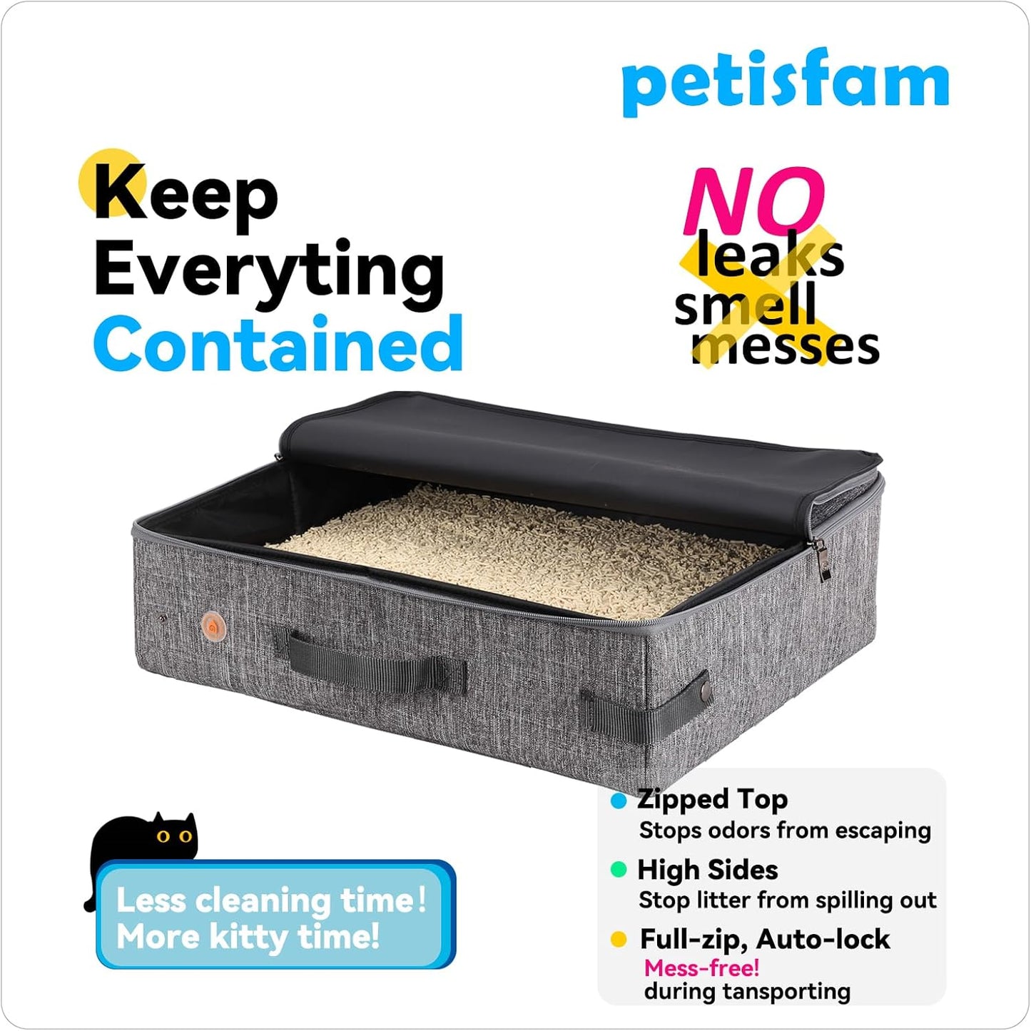 portable cat travel litter box with zipped lid | keep everything contained, no-messes, lightweight, for car, air travel and hotel stay