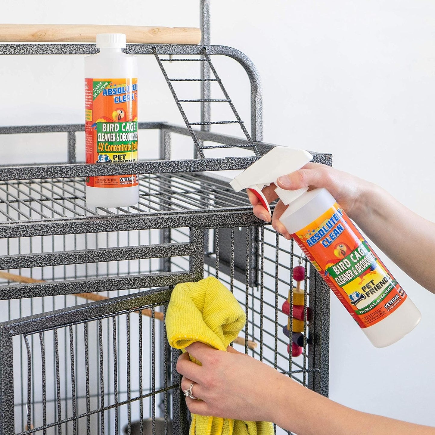 amazing bird cage cleaner and deodorizer - just spray/wipe - safely & easily removes bird messes quickly and easily - usa made - fragrance free (4x concentrate - 16oz makes 64oz)