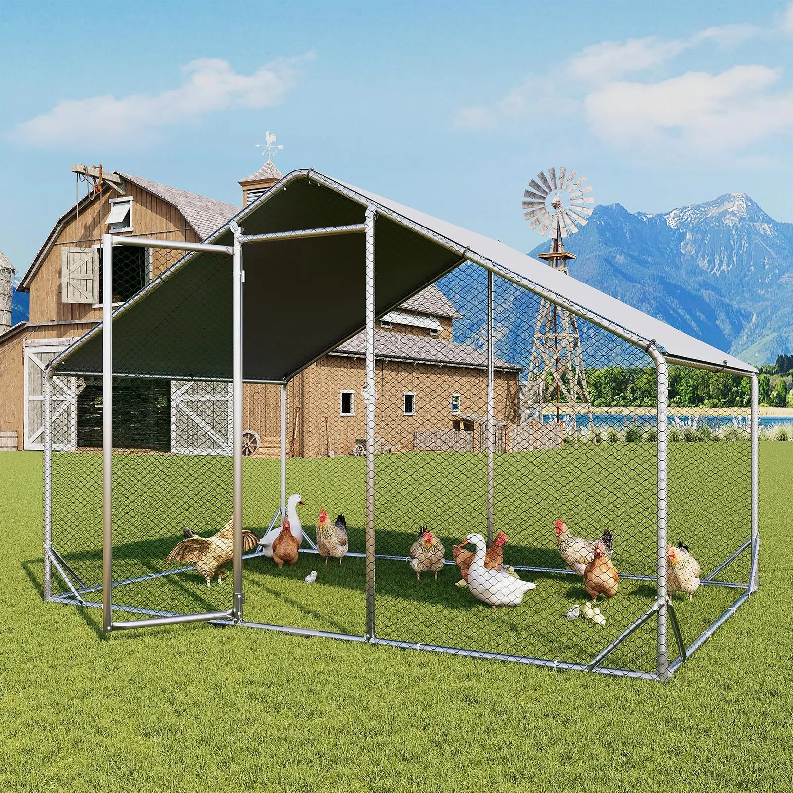 Chicken Coop Metal Large Cover Wire，Spire Peak Roof Security Lock Waterproof Outdoor Poultry Enclosure for Yard & Farm Metal Poultry Coop Chicken Cage Enclosed Enclosed Poultry Hutch